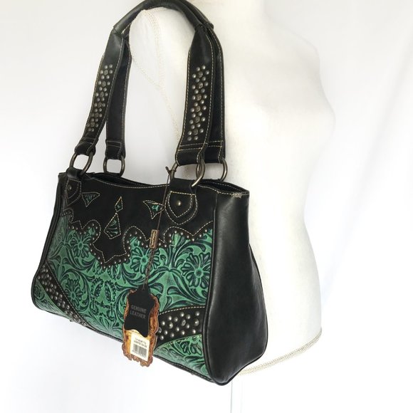 TRINITY RANCH Teal Tooled Genuine Leather Bag - Picture 15 of 15